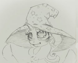 Size: 1000x802 | Tagged: safe, artist:jericoanon, starlight glimmer, pony, unicorn, accessory swap, blushing, cute, grin, hat, looking up, monochrome, smiling, solo, trixie's hat