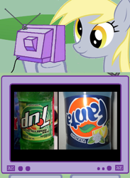 Size: 844x1156 | Tagged: safe, derpy hooves, pegasus, pony, 7up, dnl, exploitable meme, fanta, female, mare, shokata, soda, tv meme, upside down