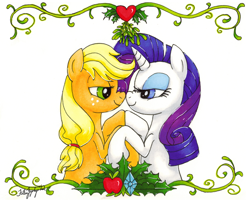 Size: 800x640 | Tagged: safe, artist:fallenzephyr, applejack, rarity, earth pony, pony, unicorn, female, holiday, holly, lesbian, mare, mistletoe, noseboop, nuzzling, rarijack, shipping, traditional art