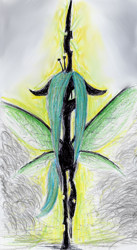 Size: 462x842 | Tagged: safe, artist:t72b, derpibooru exclusive, queen chrysalis, changeling, changeling queen, female, hair over one eye, looking at you, newbie artist training grounds, slit eyes, smoke, traditional art, walking