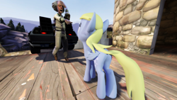 Size: 1024x576 | Tagged: safe, derpy hooves, human, pegasus, pony, 3d, back to the future, delorean, female, gmod, great scott, mare, plot, source filmmaker