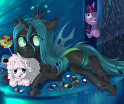 Size: 1600x1344 | Tagged: safe, artist:hollybright, queen chrysalis, twilight sparkle, oc, oc:fluffle puff, changeling, changeling queen, pony, female, mare, plushie