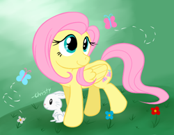 Size: 640x498 | Tagged: safe, artist:ppgxrrb-fan, angel bunny, fluttershy, butterfly, pegasus, pony, female, mare