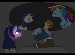 Size: 490x360 | Tagged: safe, artist:kyonsylar, derpibooru import, applejack, rainbow dash, rarity, twilight sparkle, oc, earth pony, pegasus, pony, unicorn, alex warlorn, fanfic, pony pov series, reharmonized ponies, straitjacket