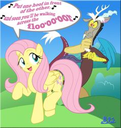 Size: 1024x1081 | Tagged: safe, artist:blue-paint-sea, discord, fluttershy, draconequus, pegasus, pony, keep calm and flutter on, duo, female, male, mare, rankin-bass, rankin/bass, santa claus is comin' to town, singing