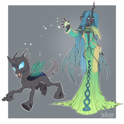 Size: 2600x2600 | Tagged: safe, artist:skirtzzz, queen chrysalis, changeling, human, clothes, corset, crossover, dress, dressphere, final fantasy, final fantasy x-2, fingerless gloves, gloves, horned humanization, humanized, pony coloring, trainer