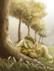 Size: 3843x5000 | Tagged: safe, artist:scrumpychumpy, applejack, earth pony, pony, sleeping, solo, tree