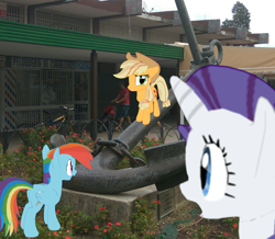 Size: 1080x941 | Tagged: safe, derpibooru import, applejack, rainbow dash, rarity, 3d, augmented reality, irl, mmd, photo, ponies in real life