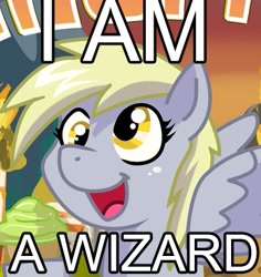 Size: 385x408 | Tagged: safe, derpy hooves, pegasus, pony, are you a wizard, female, i am a wizard, image macro, mare, meme, solo