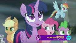 Size: 1280x720 | Tagged: safe, derpibooru import, screencap, applejack, pinkie pie, rainbow dash, rarity, spike, twilight sparkle, twilight sparkle (alicorn), alicorn, dragon, earth pony, pegasus, pony, unicorn, my little pony: the movie, discovery family logo