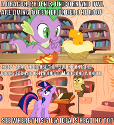 Size: 679x747 | Tagged: safe, derpibooru import, owlowiscious, peewee, spike, twilight sparkle, dragon, image macro