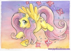 Size: 688x496 | Tagged: safe, artist:jayelle-anderson, fluttershy, butterfly, pegasus, pony, flower, traditional art