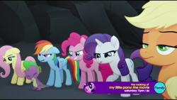 Size: 1280x720 | Tagged: safe, derpibooru import, screencap, applejack, fluttershy, pinkie pie, rainbow dash, rarity, spike, twilight sparkle, dragon, earth pony, pegasus, pony, unicorn, my little pony: the movie, angry, applejack is not amused, discovery family logo, floppy ears, frown, lidded eyes, looking down, mane seven, mane six, open mouth, unamused, varying degrees of do not want