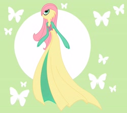 Size: 4263x3795 | Tagged: safe, artist:alexkingofthedamned, fluttershy, abstract background, gardevoir, green background, my little pokémon, pokefied, pokémon, simple background, solo, species swap