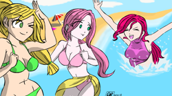 Size: 1365x761 | Tagged: safe, artist:abbeyroyale, applejack, fluttershy, pinkie pie, beach, belly button, bikini, cleavage, clothes, female, humanized, swimming, swimsuit