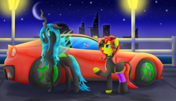 Size: 3750x2160 | Tagged: safe, artist:berryveloce, queen chrysalis, oc, changeling, changeling queen, earth pony, pony, car, clothes, female, ferrari, ferrari f12 berlinetta, hypercar, looking back, mare, supercar