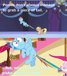 Size: 1280x1444 | Tagged: safe, derpibooru import, edit, edited screencap, screencap, applejack, pinkie pie, rainbow dash, earth pony, pegasus, pony, friendship is magic, maud pie (episode), caption, comic, female, goggles, image macro, innuendo, mare, meme, mouth hold, pun, rock candy, tail pull, wide eyes