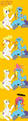 Size: 924x3999 | Tagged: safe, artist:slugbox, derpibooru import, surprise, oc, oc:cteno, pegasus, pony, g1, ask surprise, comic, dialogue, duo, female, g1 to g4, generation leap, glasses, hair growth, haircut, long tongue, mare, raised hoof, simple background, sitting, tongue out, unamused