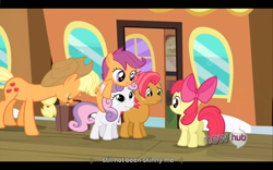 Size: 1024x640 | Tagged: safe, edited screencap, screencap, apple bloom, applejack, babs seed, scootaloo, sweetie belle, earth pony, pony, one bad apple, caption, youtube caption