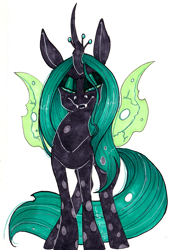 Size: 1590x2356 | Tagged: safe, artist:ponycide, queen chrysalis, changeling, changeling queen, crown, fangs, female, jewelry, lidded eyes, regalia, solo, watercolor painting