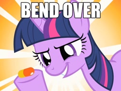 Size: 960x720 | Tagged: safe, derpibooru import, edit, edited screencap, screencap, twilight sparkle, pony, unicorn, a bird in the hoof, bend over, caption, cropped, female, image macro, implied anal insertion, implied insertion, mare, pill, pills, solo, sunburst background, suppository