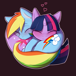 Size: 2800x2800 | Tagged: safe, artist:captainpudgemuffin, derpibooru import, rainbow dash, twilight sparkle, pegasus, pony, :<, behaving like a cat, blushing, brown background, butt pillow, captainpudgemuffin is trying to murder us, cuddling, cute, dashabetes, eyes closed, female, heart, hnnng, lesbian, pony pillow, shipping, simple background, sleeping, smiling, snuggling, twiabetes, twidash