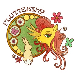 Size: 1500x1500 | Tagged: safe, artist:frauv8, angel bunny, fluttershy, butterfly, pegasus, pony, rabbit, modern art, nouveau