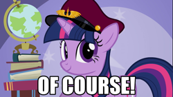 Size: 960x540 | Tagged: safe, derpibooru import, twilight sparkle, caption, hat, image macro, looking at you, m. bison, nostalgia critic, of course, raised hoof, reaction image, smiling, solo, tyrant sparkle