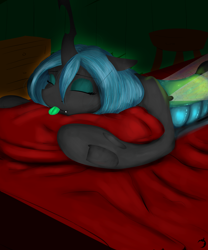 Size: 2000x2400 | Tagged: safe, artist:ruanshi, queen chrysalis, changeling, changeling queen, :p, bed, blanket, cute, cutealis, eyes closed, green tongue, silly, sleeping, solo, tongue out