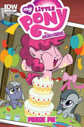 Size: 900x1366 | Tagged: safe, artist:sibsy, idw, limestone pie, marble pie, pinkie pie, earth pony, pony, balloon, cake, comic, cover, filly, party, pie sisters, younger