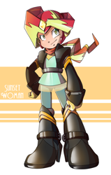 Size: 720x1130 | Tagged: safe, artist:thegreatrouge, sunset shimmer, equestria girls, crossover, megaman, solo