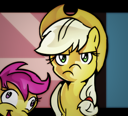 Size: 900x813 | Tagged: safe, artist:psyguy, applejack, scootaloo, earth pony, pony, one bad apple, unamused