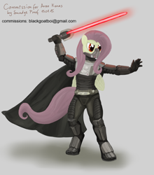 Size: 1318x1500 | Tagged: safe, artist:smudge proof, fluttershy, anthro, breath mask, commission, crossover, darth malgus, life support, lightsaber, ponified, sith, solo, star wars, weapon