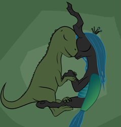 Size: 957x1000 | Tagged: safe, artist:foal, queen chrysalis, changeling, changeling queen, dinosaur, velociraptor, 4chan cup, duo, sleeping