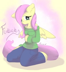 Size: 1331x1441 | Tagged: safe, artist:tesslashy, fluttershy, anthro, pegasus, unguligrade anthro, blue jeans, bra strap, clothes, floppy ears, hooves, off shoulder, off shoulder sweater, pants, solo, sweater, sweatershy