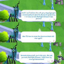 Size: 843x836 | Tagged: safe, queen chrysalis, rarity, twilight sparkle, changeling, changeling queen, pony, unicorn, the mean 6, crystal empire, dialogue, gameloft, upset