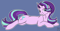 Size: 2382x1234 | Tagged: safe, artist:stormblaze-pegasus, starlight glimmer, pony, unicorn, looking at you, prone, smiling, solo