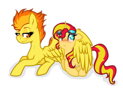 Size: 1280x960 | Tagged: safe, artist:suenden-hund, spitfire, sunset shimmer, pegasus, pony, unicorn, blushing, crack shipping, duo, female, goggles, hug, lesbian, looking up, mare, shipping, simple background, sunfire, transparent background, winghug