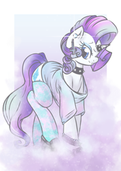 Size: 400x565 | Tagged: safe, artist:dovne, rarity, pony, unicorn, choker, clothes, earring, fashion, female, horn ring, looking at you, mare, pastel goth, piercing, shirt, smiling, soft grunge, solo, stockings