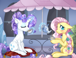 Size: 1200x910 | Tagged: safe, artist:ambunny, fluttershy, rarity, crystal pony, pegasus, pony, unicorn, alternate hairstyle, blushing, cafe, cafeteria, crystal empire, crystal rarity, crystallized, cup, digital art, duo, duo female, eyes closed, female, floppy ears, flower, flower in hair, hoof hold, looking at you, magic, mare, pillow, scenery, signature, sipping, sitting, smiling, sparkles, tea, teacup, teapot, telekinesis