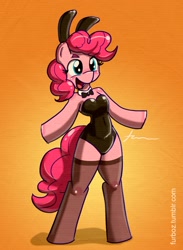 Size: 900x1231 | Tagged: safe, artist:furboz, pinkie pie, anthro, unguligrade anthro, blushing, bunny suit, clothes, leotard, playboy bunny, stockings