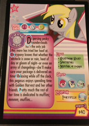 Size: 450x641 | Tagged: safe, berry punch, berryshine, bon bon, carrot top, derpy hooves, golden harvest, lyra heartstrings, sweetie drops, pegasus, pony, card, derp, female, mare, mind blown, muffin, that one nameless background pony we all know and love, trading card