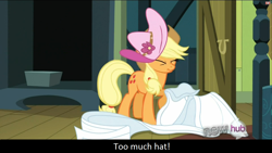 Size: 1360x768 | Tagged: safe, screencap, applejack, earth pony, pony, one bad apple, derp, funny face, hat, scrunchy face