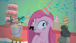 Size: 1280x718 | Tagged: safe, edit, edited screencap, editor:i-shooped-a-pwny, screencap, madame leflour, mr. turnip, pinkie pie, rocky, sir lintsalot, earth pony, pony, party of one, abstract background, bucket, cake, contemplating insanity, derp, female, floppy ears, flour, food, grin, hat, hilarious in hindsight, insanity, mare, moustache, party hat, pinkamena diane pie, rock, smiling, squee, stool, table, turnip, wide eyes