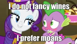 Size: 612x350 | Tagged: safe, edit, edited screencap, screencap, rarity, spike, dragon, pony, unicorn, dragon quest, apron, blushing, caption, clothes, female, image macro, male, mare, meme, rarity's bad pickup lines, shipping, sparity, straight