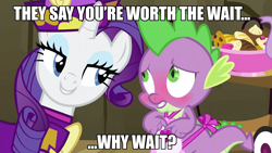 Size: 1152x648 | Tagged: safe, edit, edited screencap, screencap, rarity, spike, dragon, pony, unicorn, dragon quest, apron, blushing, caption, clothes, female, image macro, male, mare, meme, rarity's bad pickup lines, shipping, sparity, straight