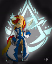 Size: 2267x2777 | Tagged: safe, artist:shard-of-life, sunset shimmer, pony, assassin, assassin's creed, bipedal, bowgun, solo