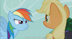 Size: 1251x681 | Tagged: safe, derpibooru import, screencap, applejack, rainbow dash, earth pony, pegasus, pony, testing testing 1-2-3, meme, youtube caption