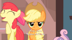 Size: 960x540 | Tagged: safe, apple bloom, applejack, scootaloo, sweetie belle, earth pony, pony, one bad apple, animated, annoyed, applejack is not amused, cutie mark crusaders, derp, happy, pronking
