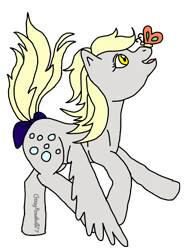Size: 832x1120 | Tagged: safe, artist:crazypizzafan927, derpy hooves, butterfly, pegasus, pony, g1, bow, cute, derpabetes, g4 to g1, generation leap, insect on nose, looking at something, looking up, profile, simple background, smiling, solo, spread wings, tail bow, transparent background